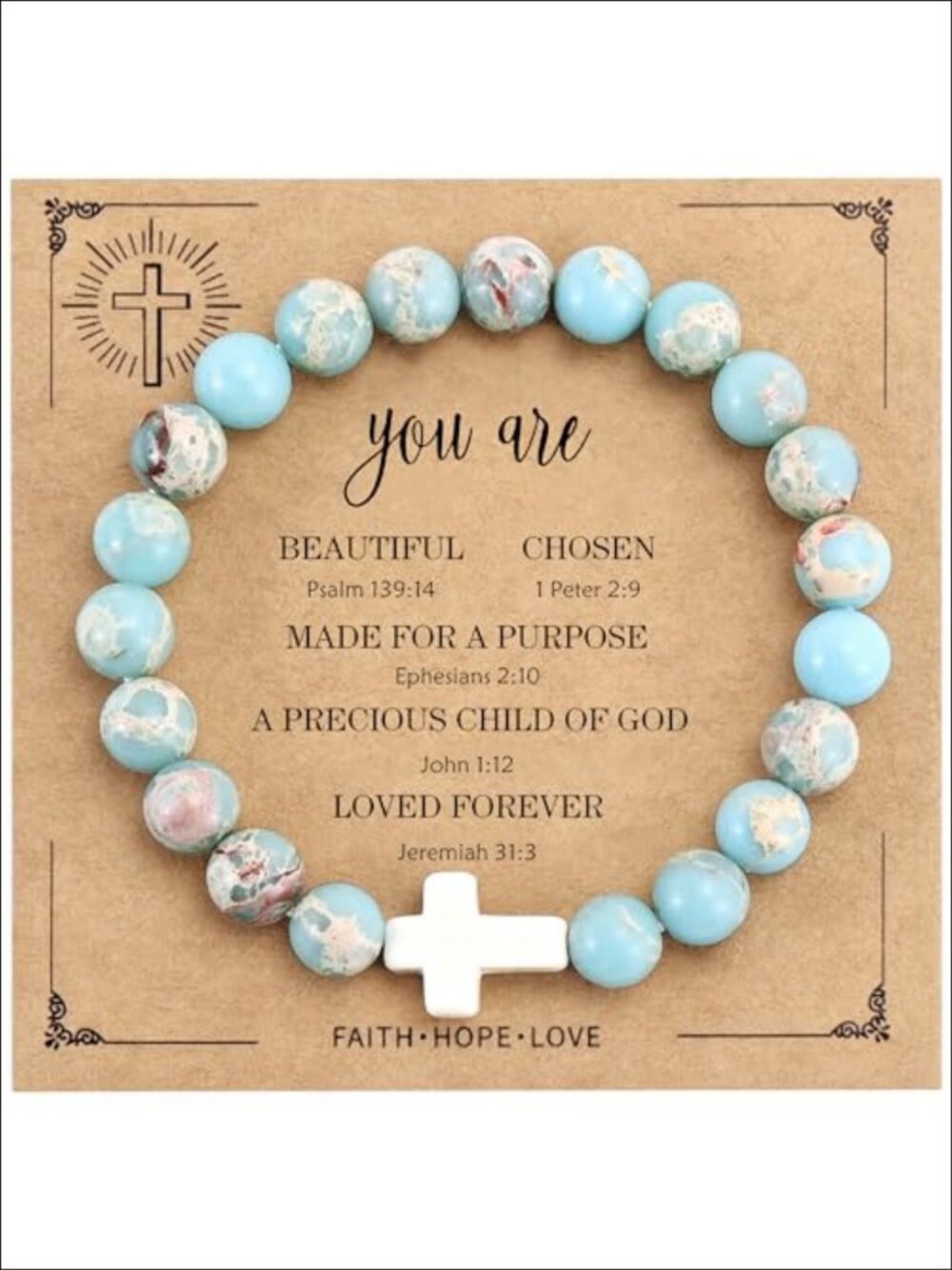 Cross Beaded Bracelet Agalmatolite Gemstone Stretch Christian Gift